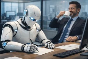 A robot writes a thank you note while a businessman relaxes