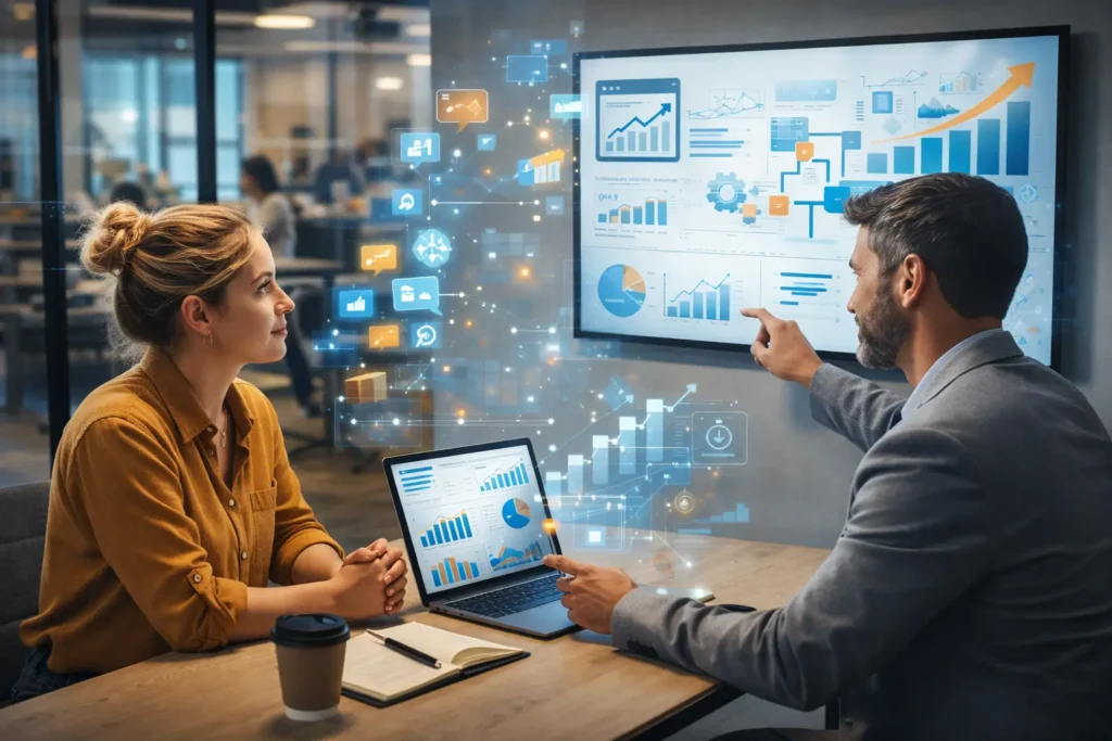 An AI implementation consultant meets with a small business owner